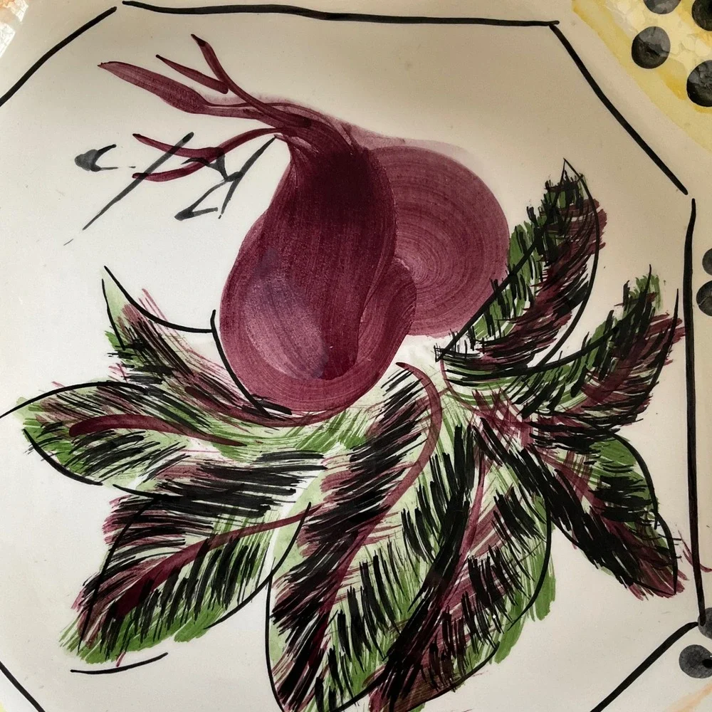 Antica Fornace Italy Ceramic Serving Bowl Beet Radish Hand Painted Square 11.5in